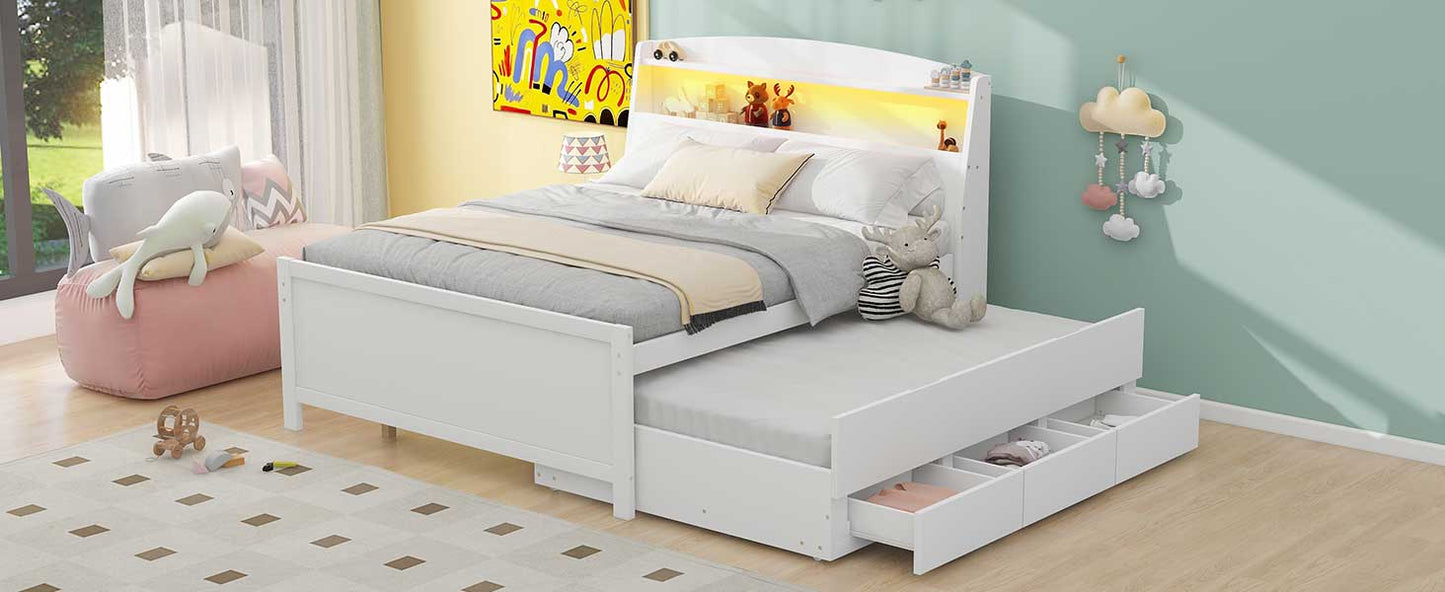 Full Size Platform Bed with Storage LED Headboard  Twin Size Trundle and 3 Drawers White