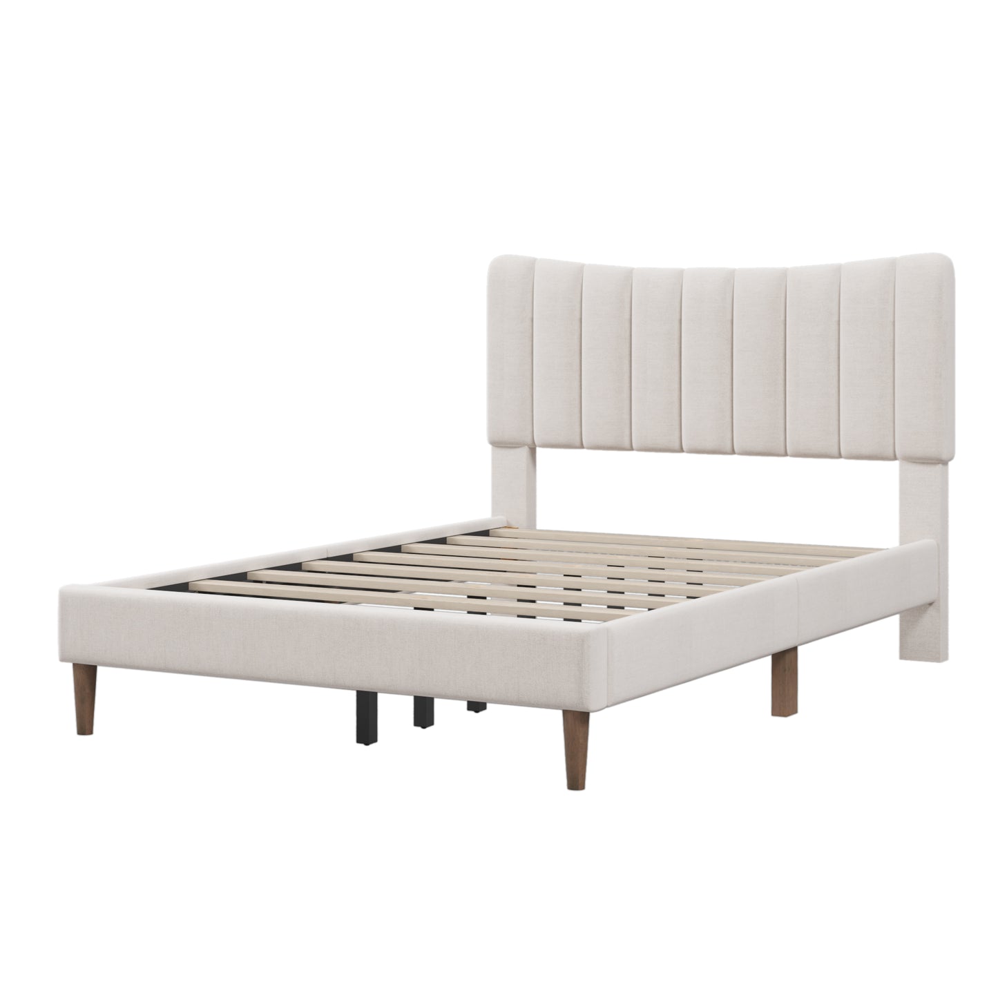 Upholstered Platform Bed Frame with Vertical Channel Tufted Headboard No Box Spring Needed  Full Cream