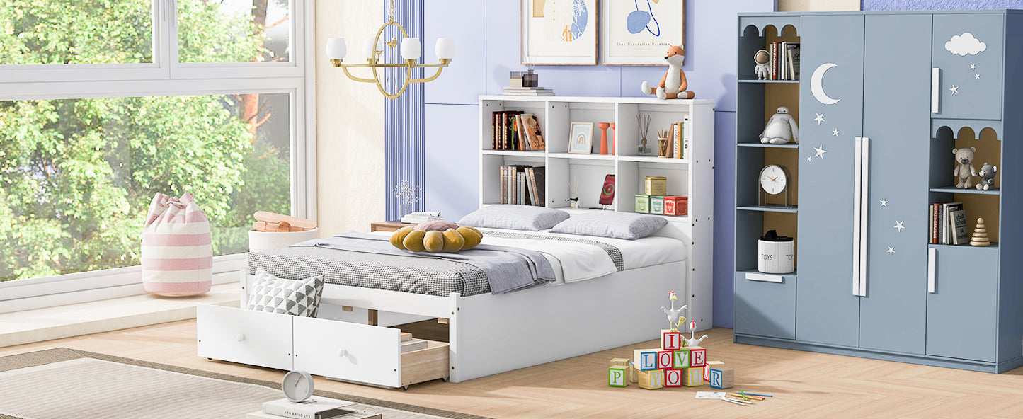 Full Size Platform Bed with Storage Headboard, Charging Station and 2 Drawers White