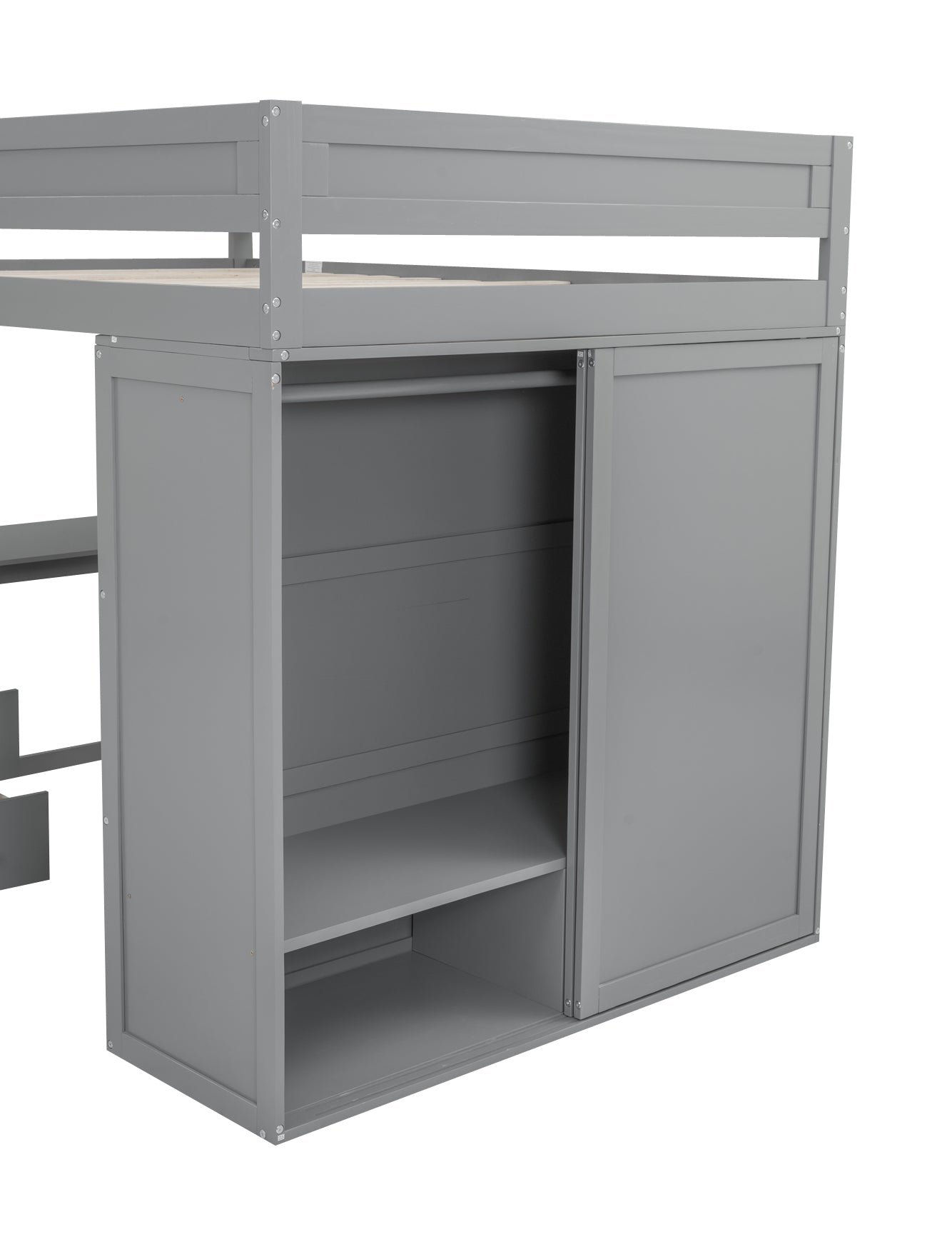 Wood Full Size Loft Bed with Wardrobes and 2-Drawer Desk with Cabinet  Gray