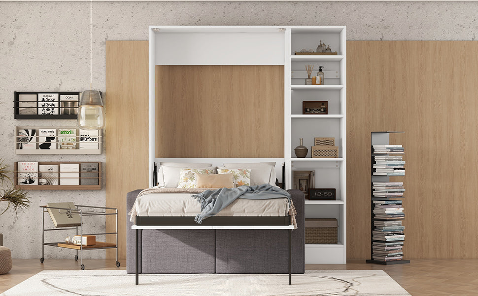 Cama plegable tamaño twin con sofá y estantes, color blanco