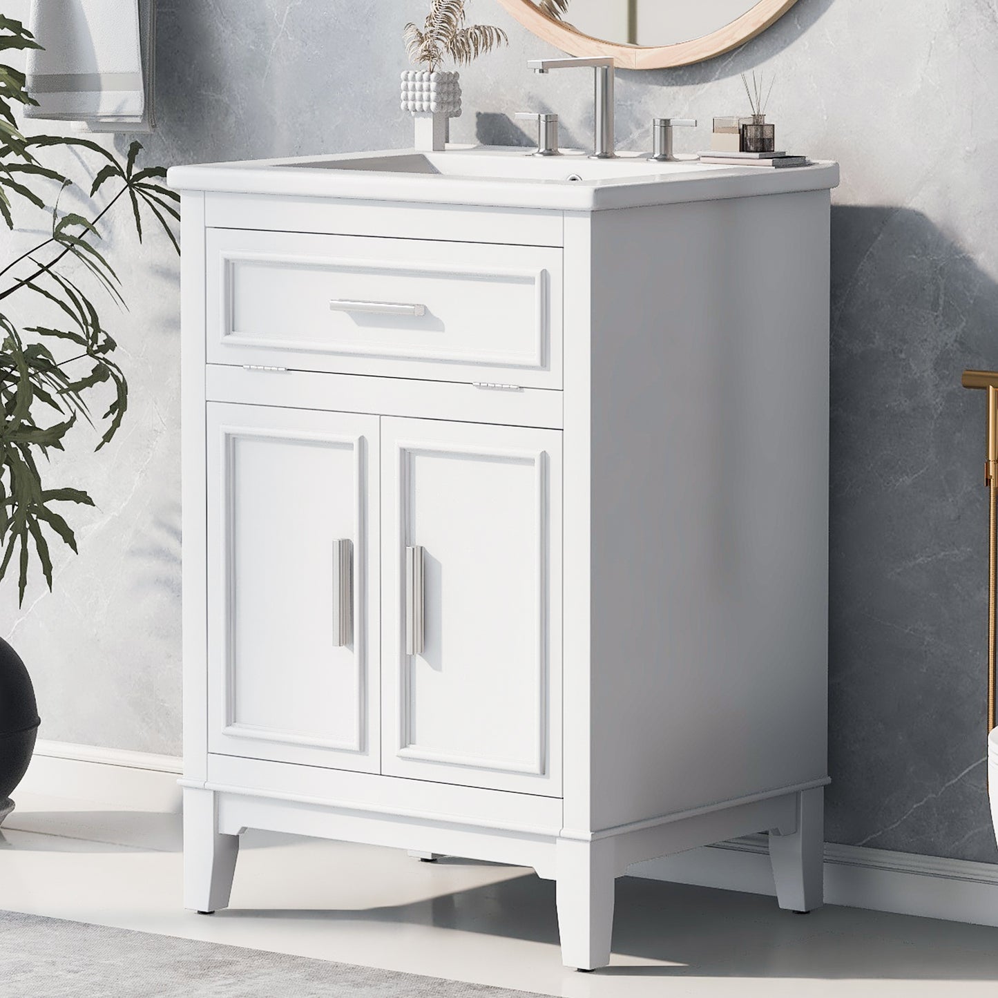 24" Bathroom Vanity with Sink, Solid Wood and MDF Cabinet with One Flip Drawer and Doors, White