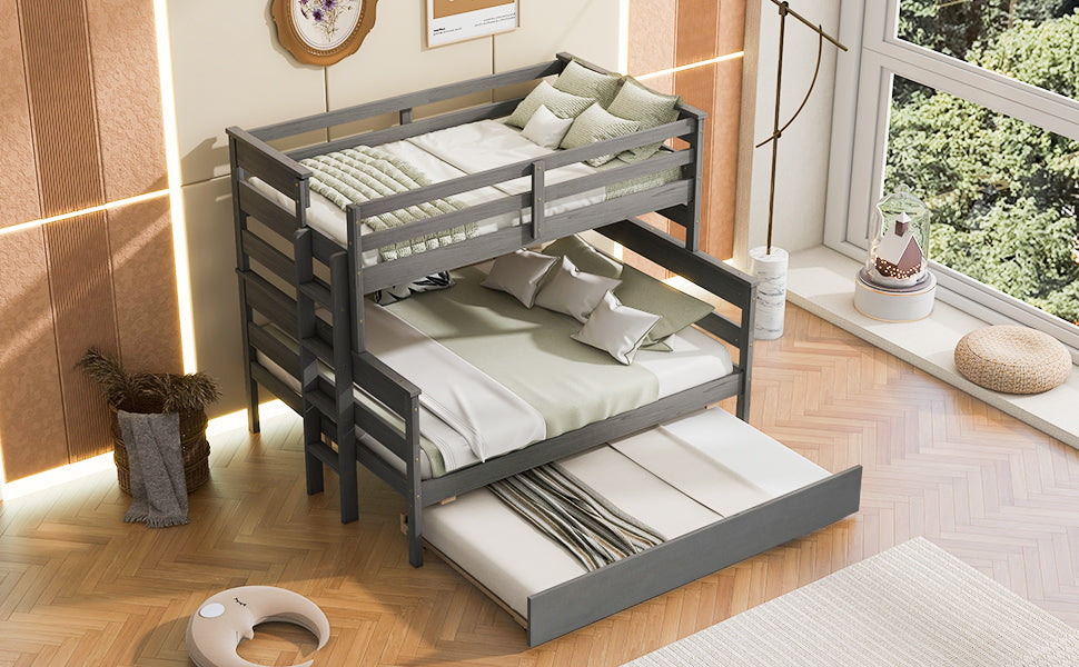 Wood Twin over Full Bunk Bed with Twin Size Trundle  Gray