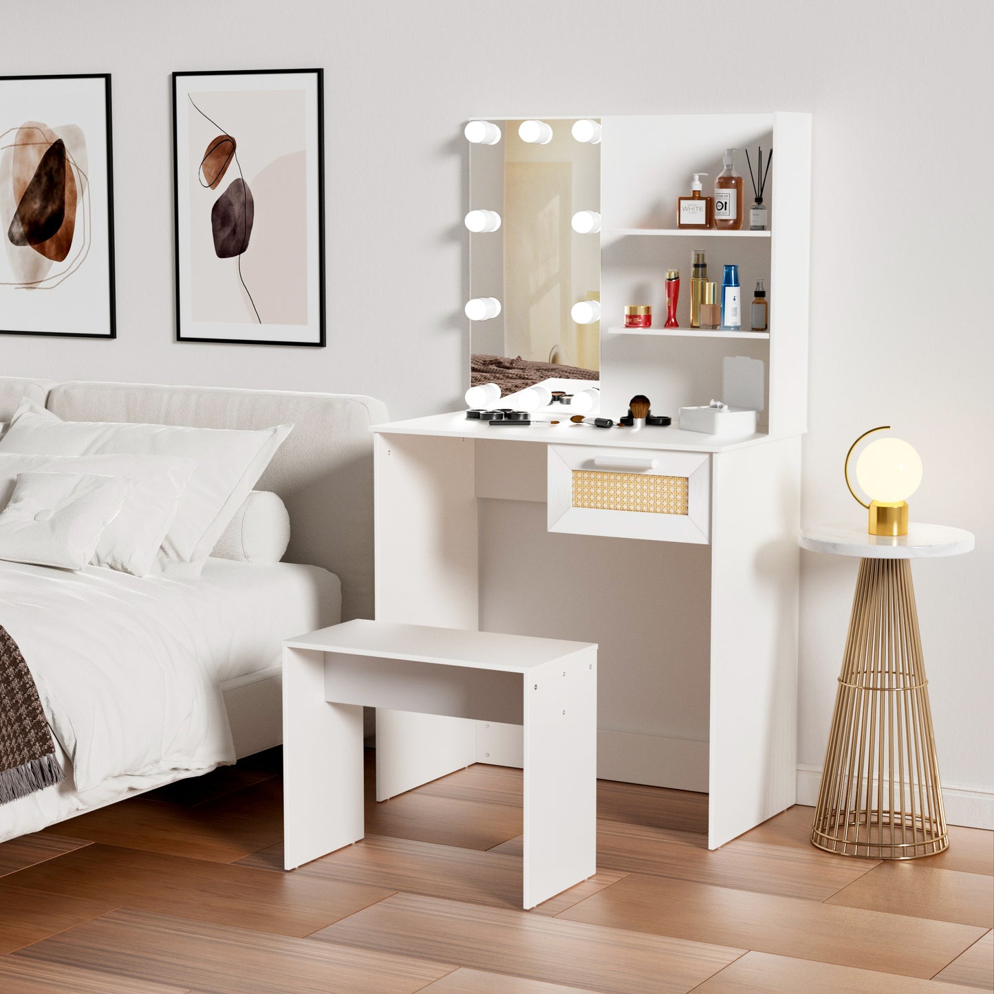 Vanity Desk Set Stool & Dressing Table with LED Lighting Mirror Drawer and Wood Cosmetic Table Chest of Drawers White Color