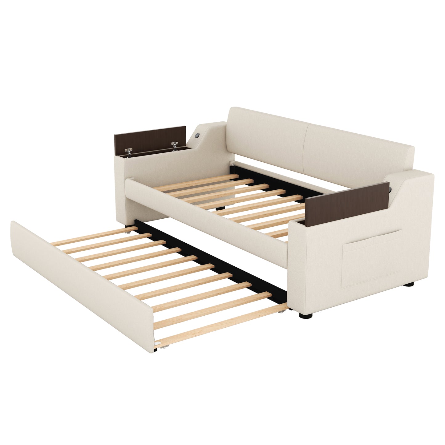 Sofá cama tapizado tamaño twin con brazos de almacenamiento, cama nido y diseño USB, acabado beige