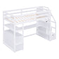 Twin Size Loft Bed with Desk and Shelves  Two Built-in Drawers  Storage Staircase White