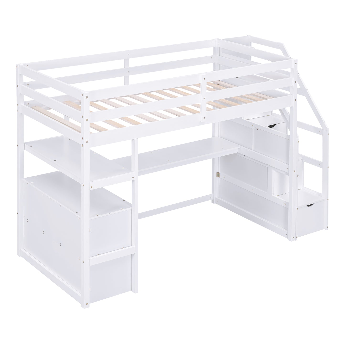 Twin Size Loft Bed with Desk and Shelves  Two Built-in Drawers  Storage Staircase White