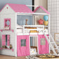 Twin Size Bunk Wood House Bed with Elegant Windows, Sills and Tent, Pink+White