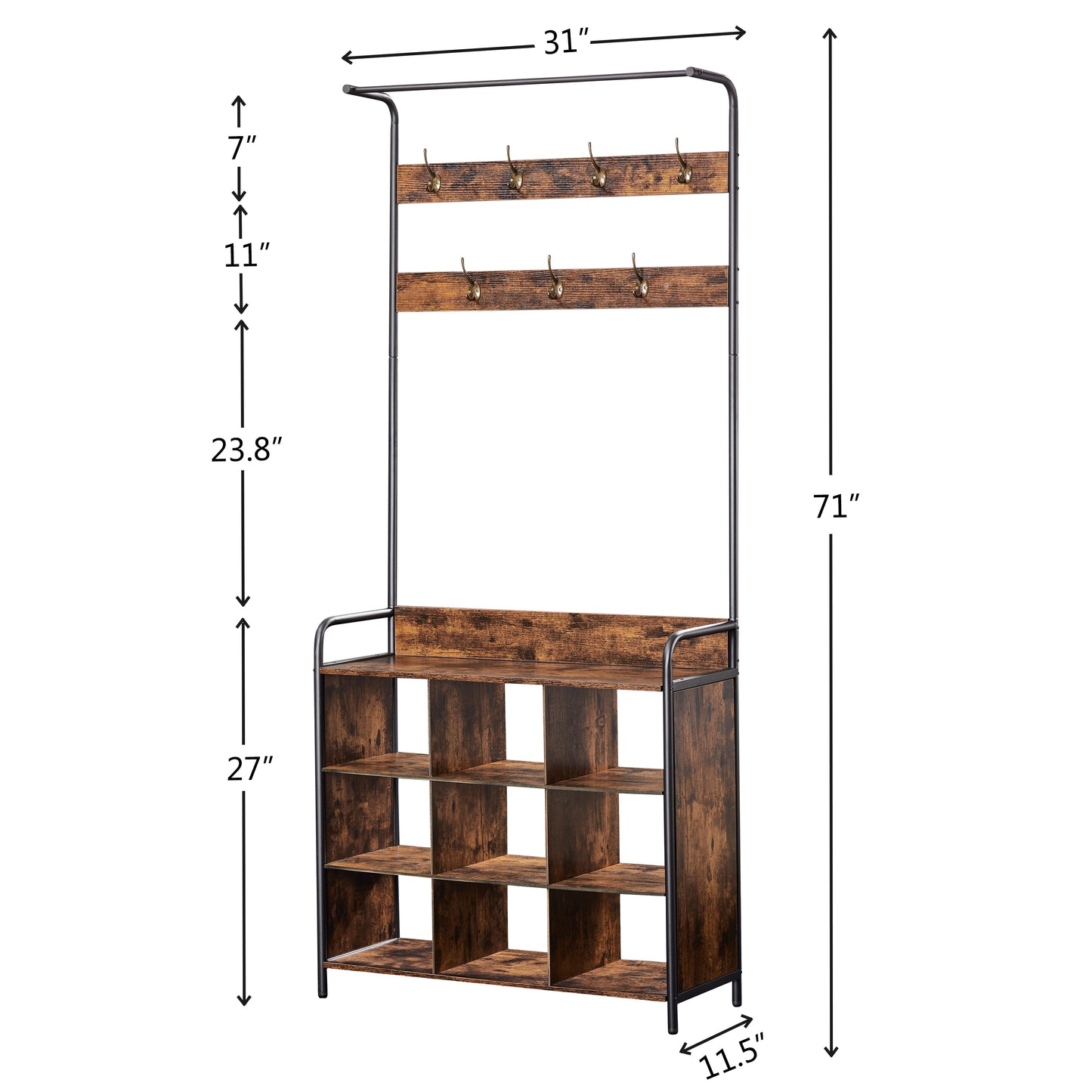 Coat Rack, Hall Tree with Shoe Rack for Entryway, 3-in-1 Entryway Coat Rack and Storage Rack, with 7 Hooks, a Hanging Rod