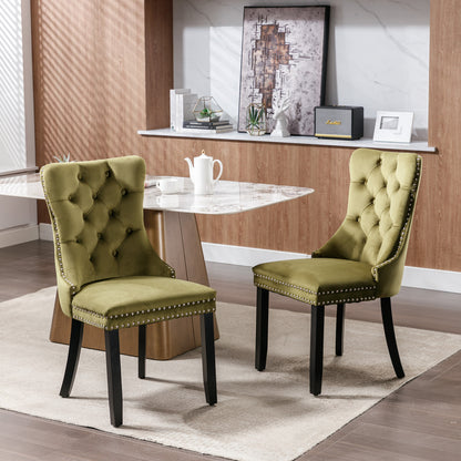 High-end Tufted Solid Wood Contemporary Velvet Upholstered Dining Chair with Wood Legs Nailhead Trim 2-Pcs Set Olive-Green