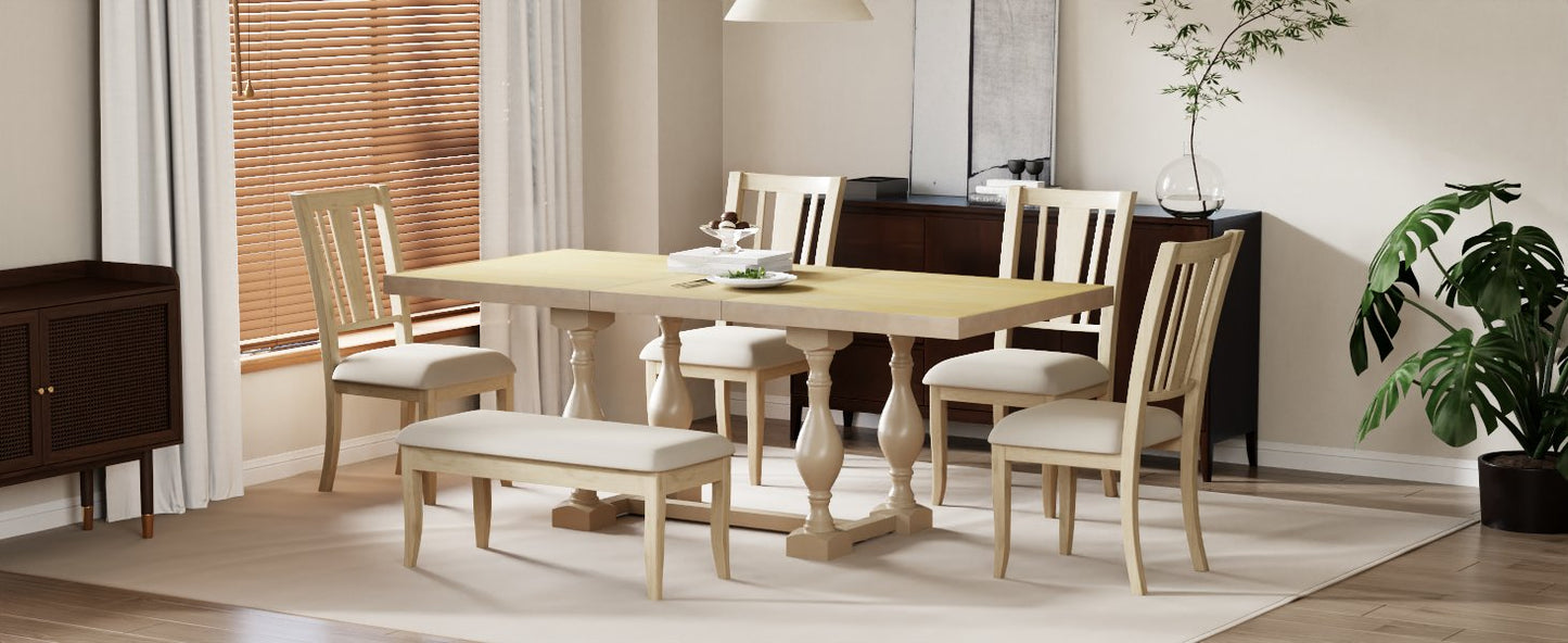 Traditional 6-Piece Trestle Extendable Dining Table Set with Removable Leaf, Padded Chairs, and Bench, Natural Finish