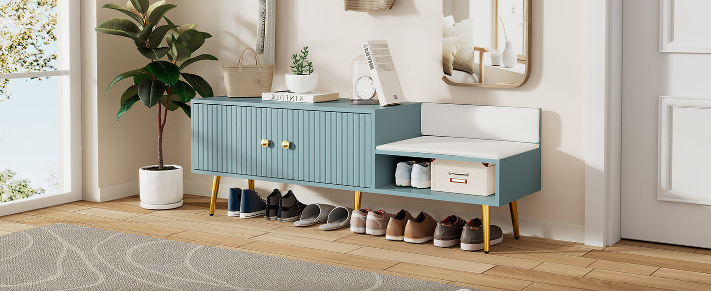 Modern Shoe Storage Bench with Hidden Storage and Upholstered Cushions, Tiffany Blue Finish