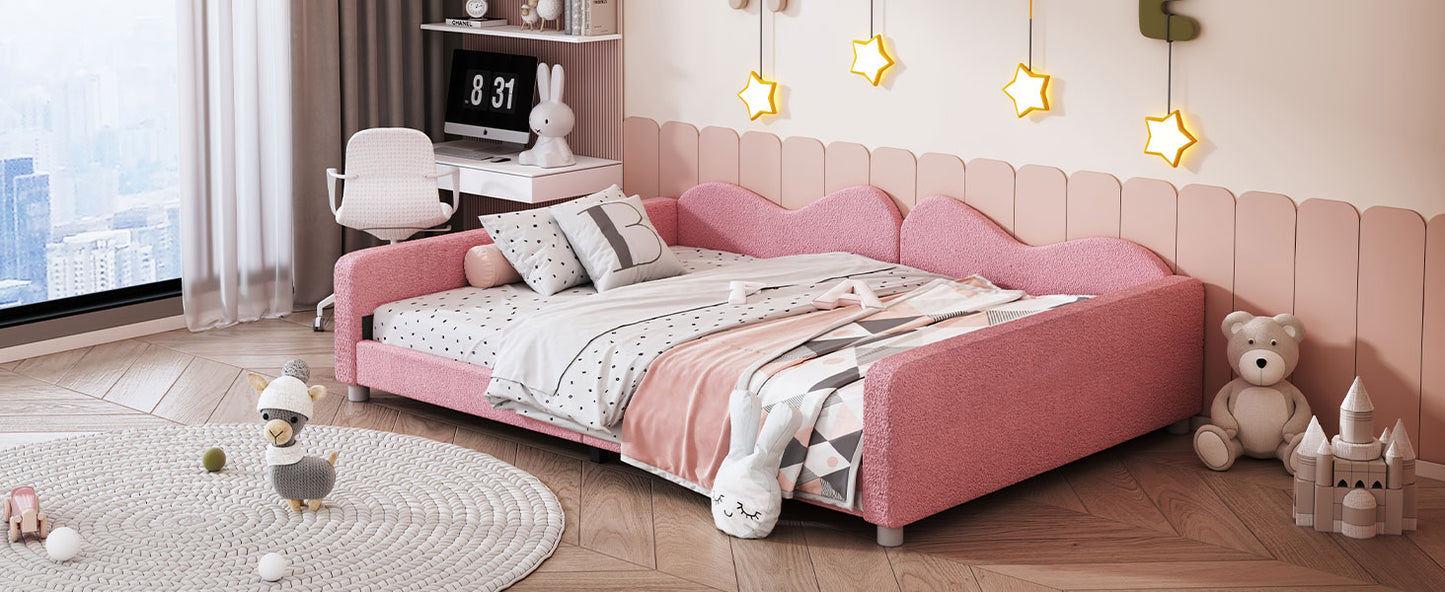 Full size Upholstered Daybed, Sherpa Fabric Sofabed with Cloud-Shaped Backrest, No Box-spring Needed, Pink