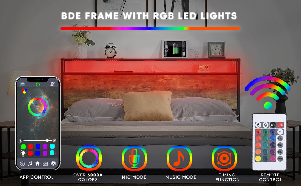 Full size bedstead with storage headboard and 2 drawers, LED light bed with charging station, metal Flat noodles support