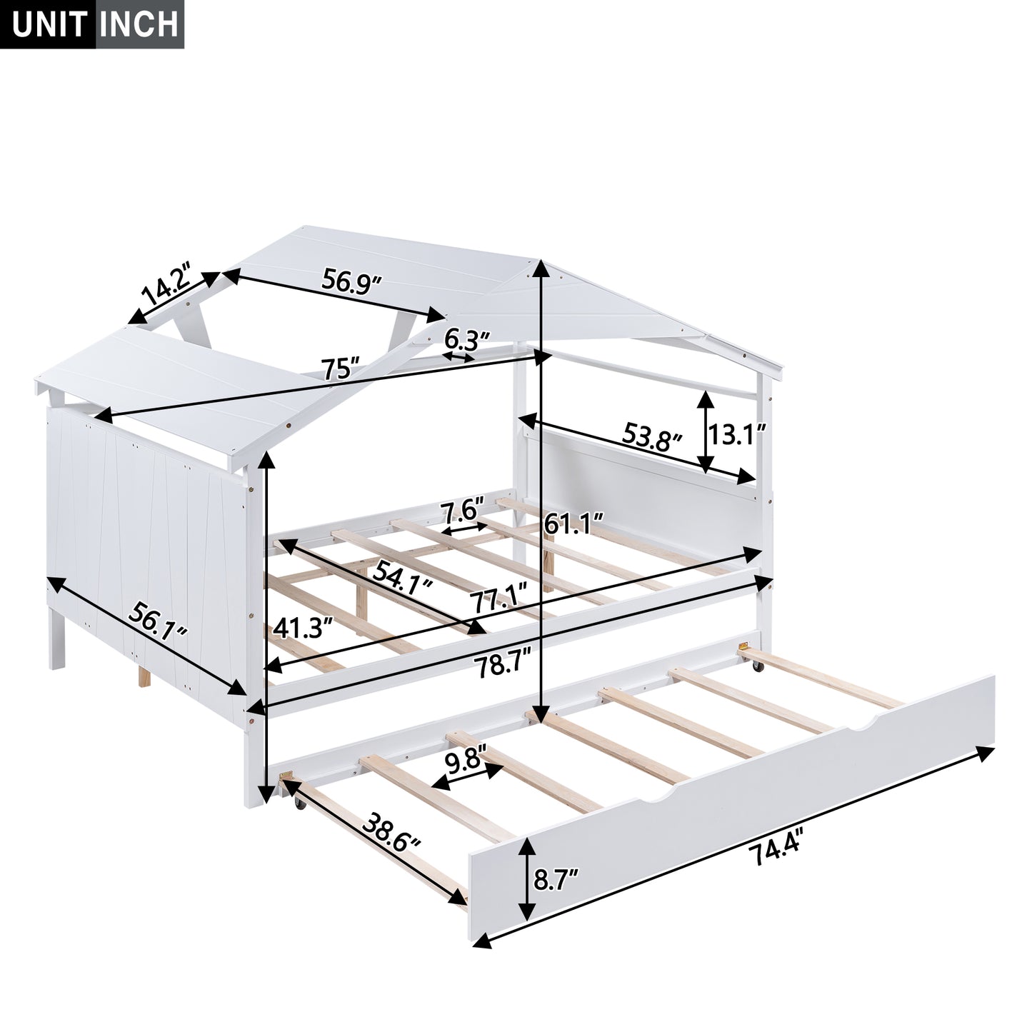 Wood Full Size House Bed with Twin Size Trundle and Storage  White