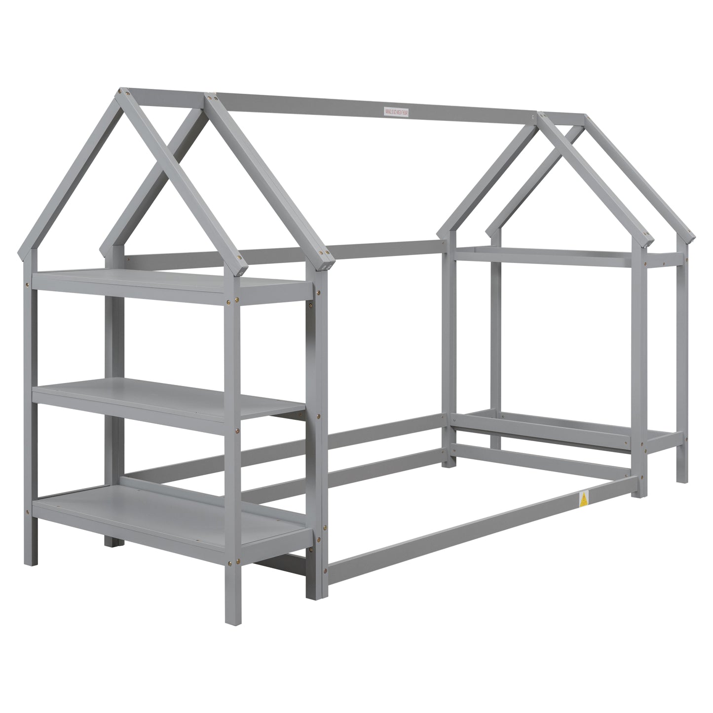 Twin House-Shaped Floor Bed with 2 Detachable Stands Grey