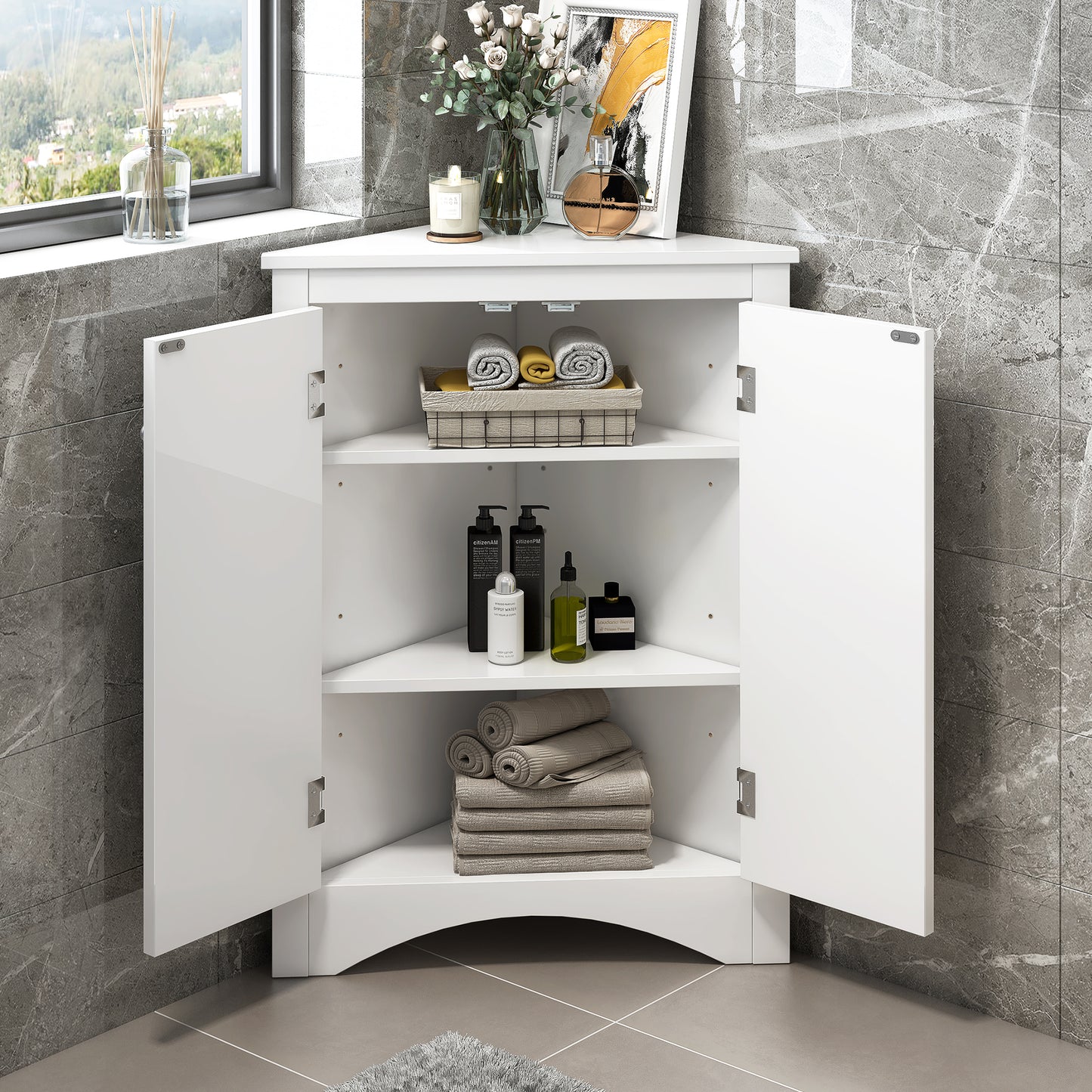 White Triangle Bathroom Storage Cabinet with Adjustable Shelves, Freestanding Floor Cabinet for Home Kitchen