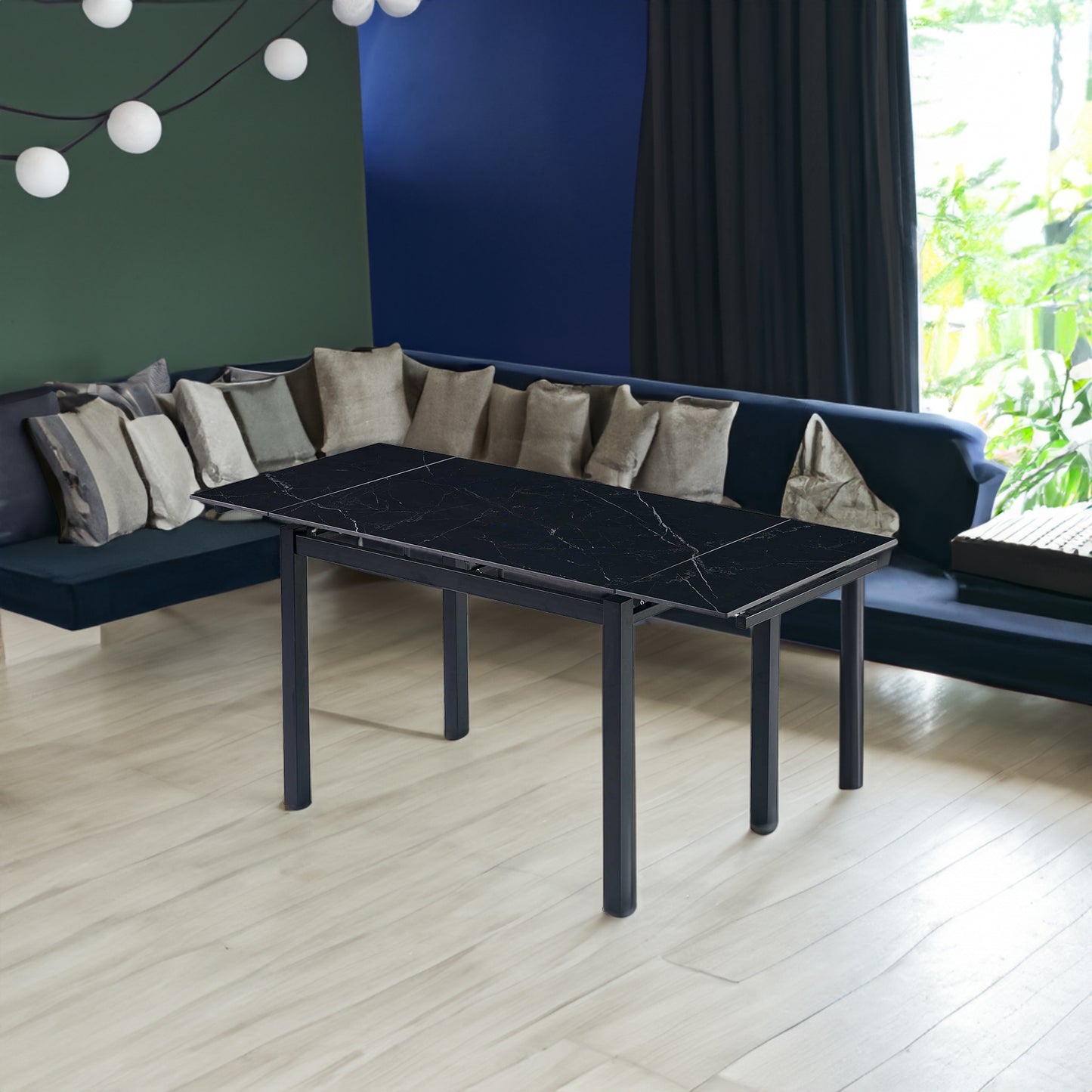 Black Ceramic Modern Rectangular Expandable Dining Room Table For Space-Saving Kitchen Small Space -Table