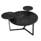 Modern coffee table with two display shelves, Black Faux marble surfaces, Tripod-inspired base,Rounded tabletop edges