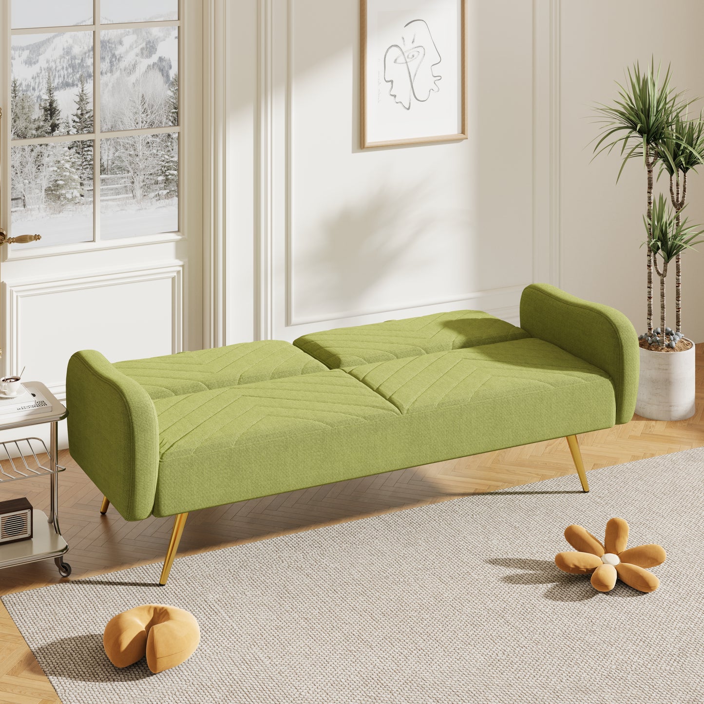 Green Fabric Double Sofa with Split Backrest and Two Throw Pillows