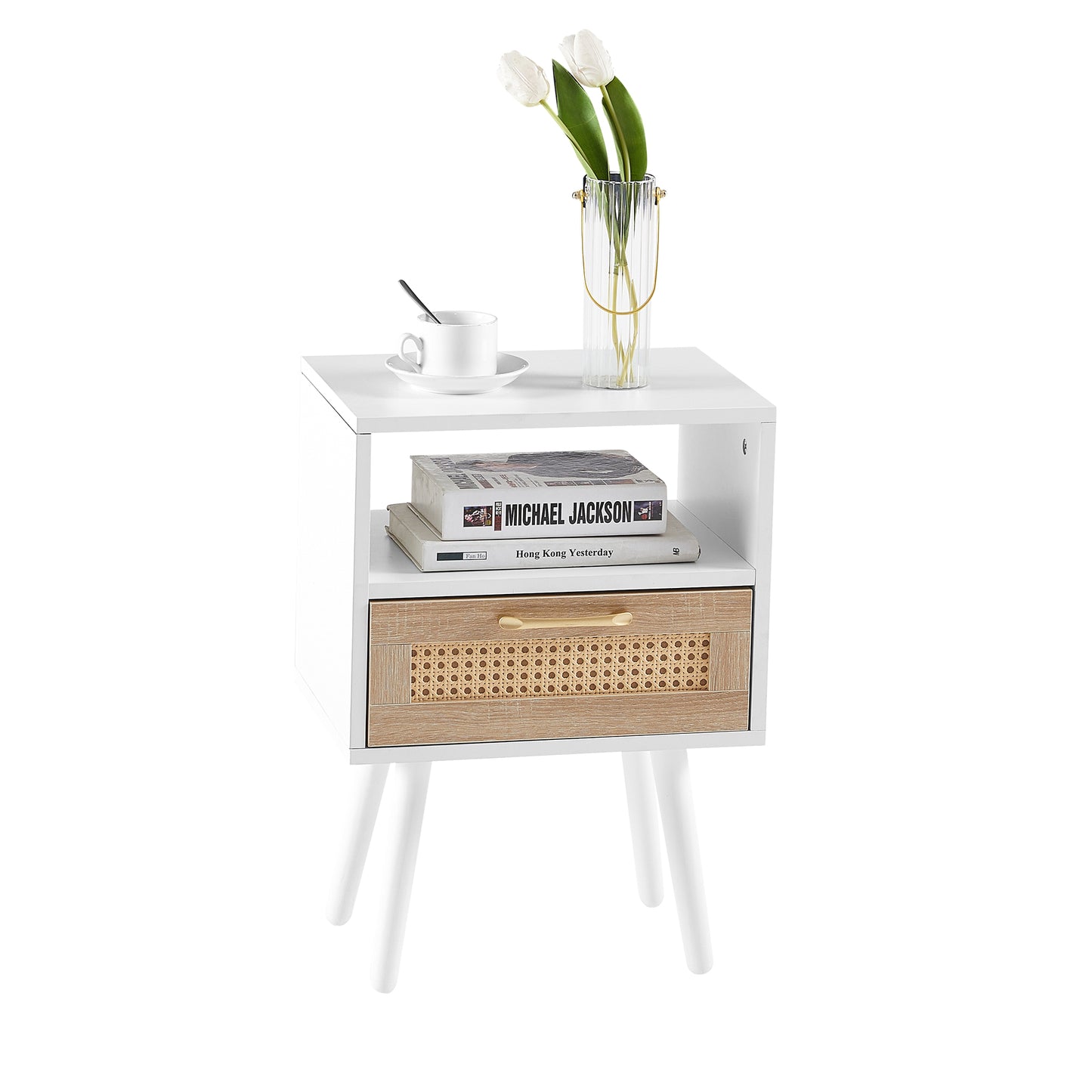 Rattan End table with drawer and solid wood legs Modern nightstand side table for living room white