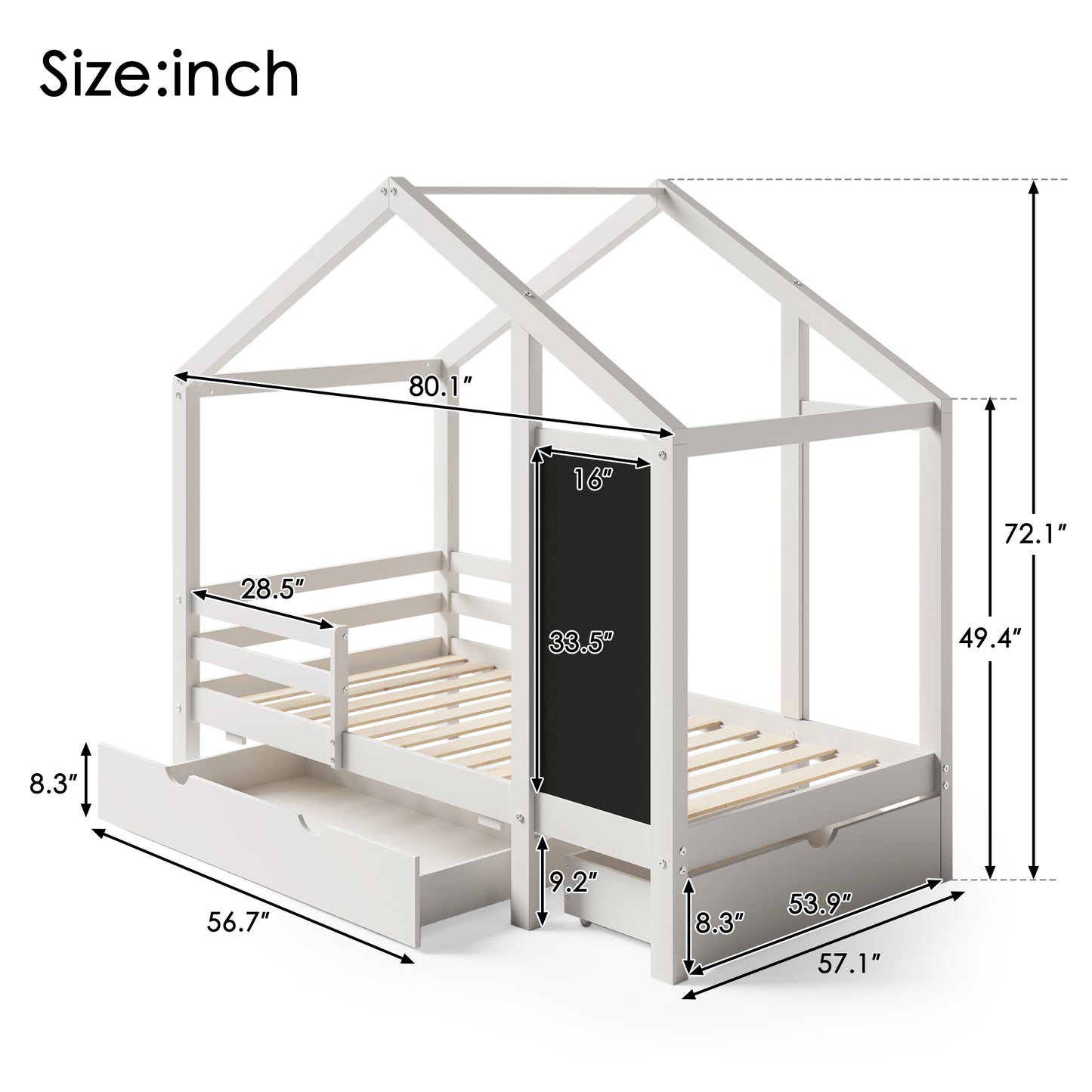 Full House Bed with Blackboard and Drawers Two assembly options White