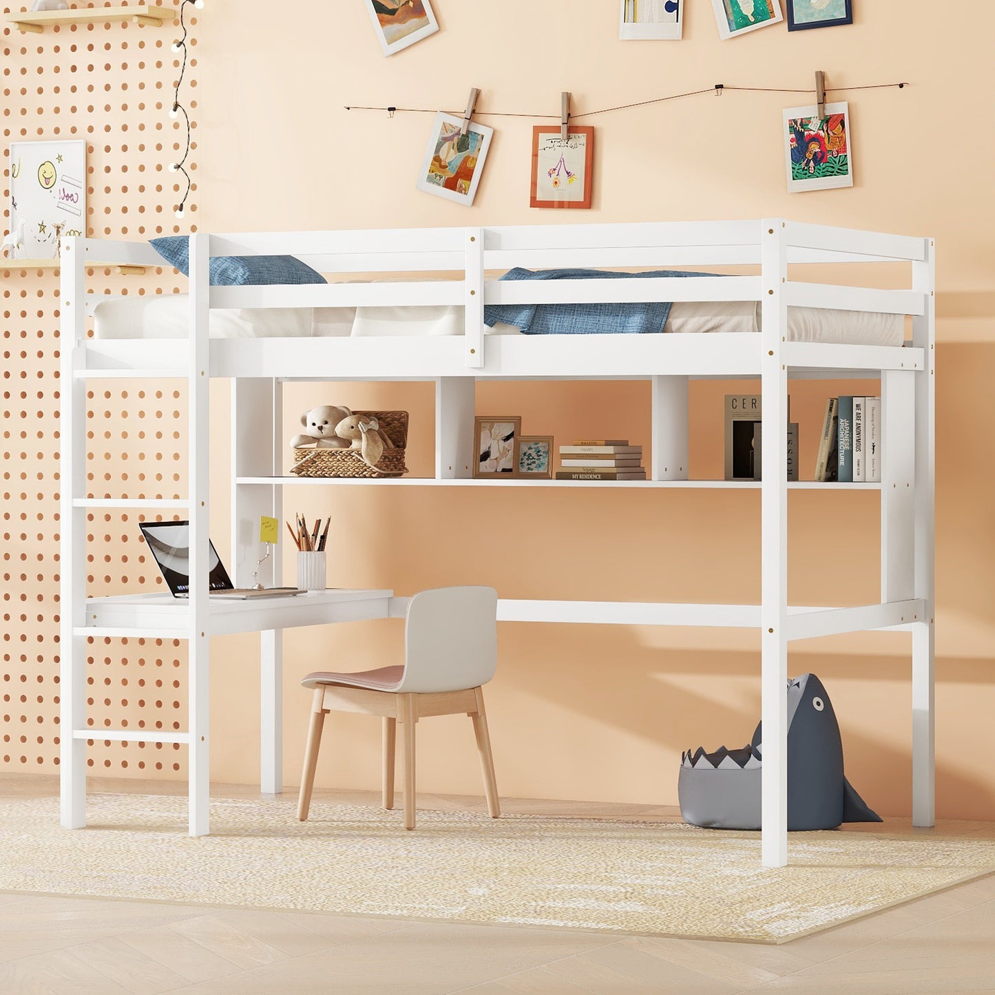 Twin Loft Bed with built-in desk and bookcase of three compartments, Guardrails and Ladder,White