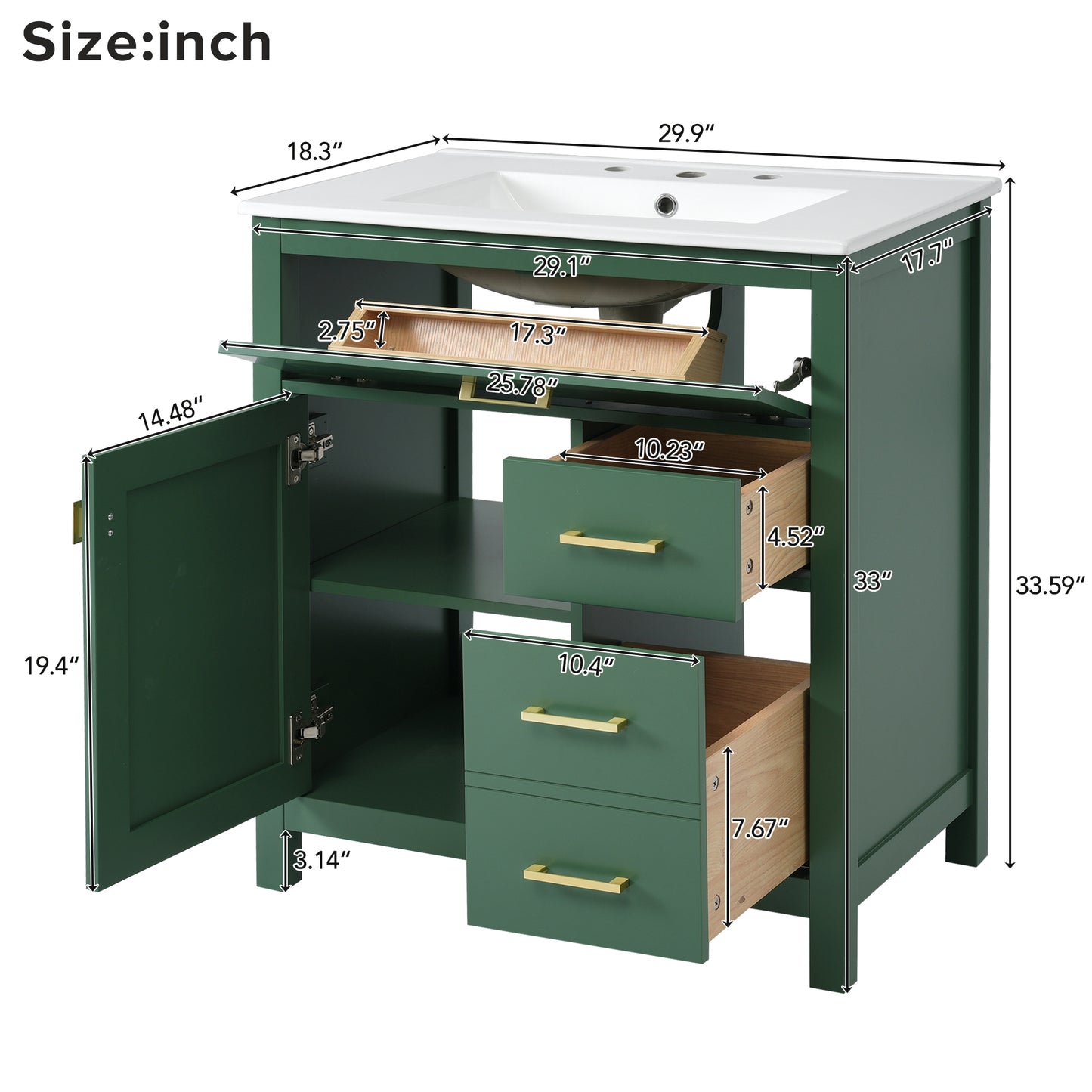 30-Inch Green Bathroom Vanity with Ceramic Sink and Ample Storage - Ideal Choice for Small Bathrooms