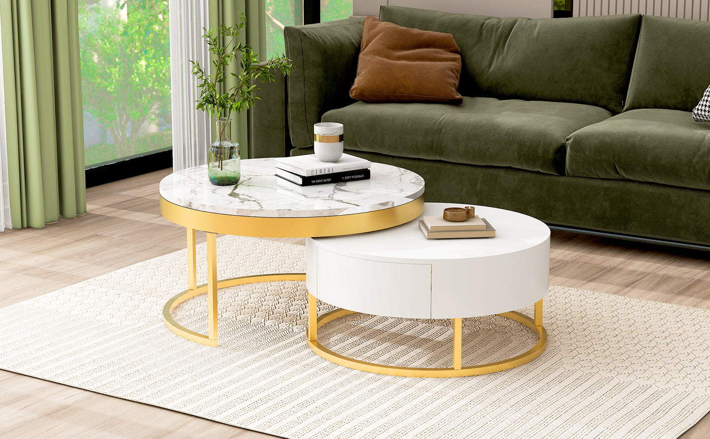 Modern Round Nesting Coffee Table with Drawers, White Finish for Living Rooms