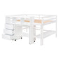 Full Size Low Loft Bed with Rolling Portable Desk, Drawers and Shelves, White