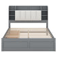 Wood Queen Size Platform Bed with Storage Headboard  Shelves and 2 Drawers  Gray