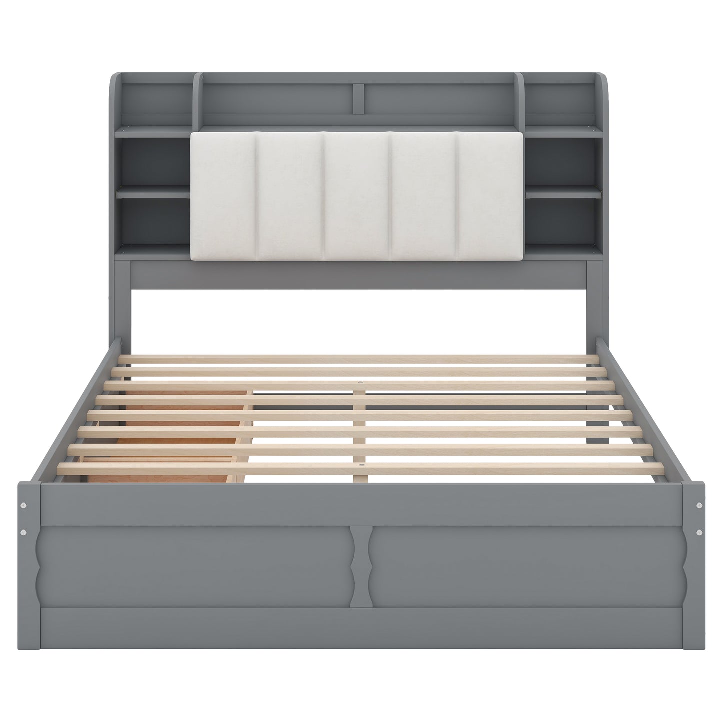 Wood Queen Size Platform Bed with Storage Headboard  Shelves and 2 Drawers  Gray