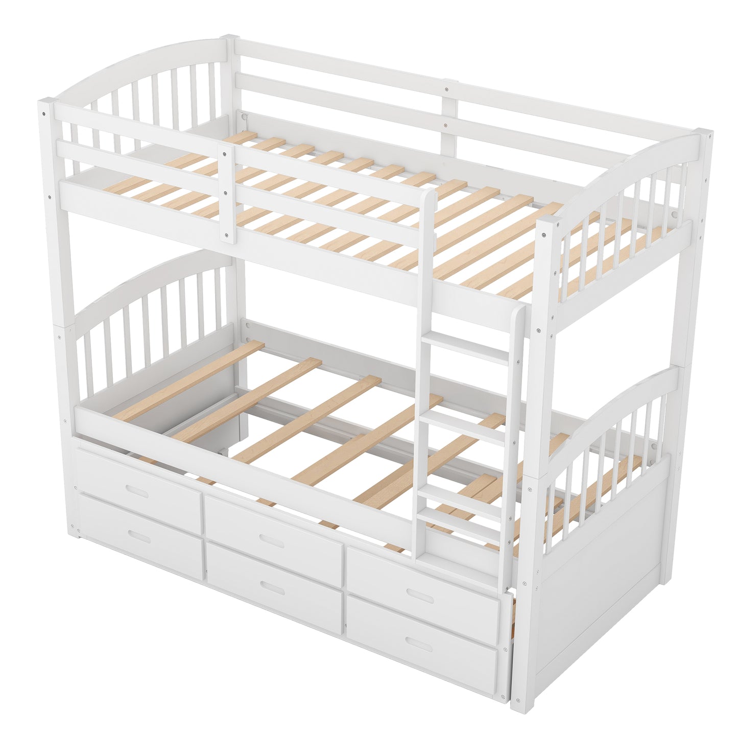 Twin over Twin Wood Bunk Bed with Trundle and Drawers White