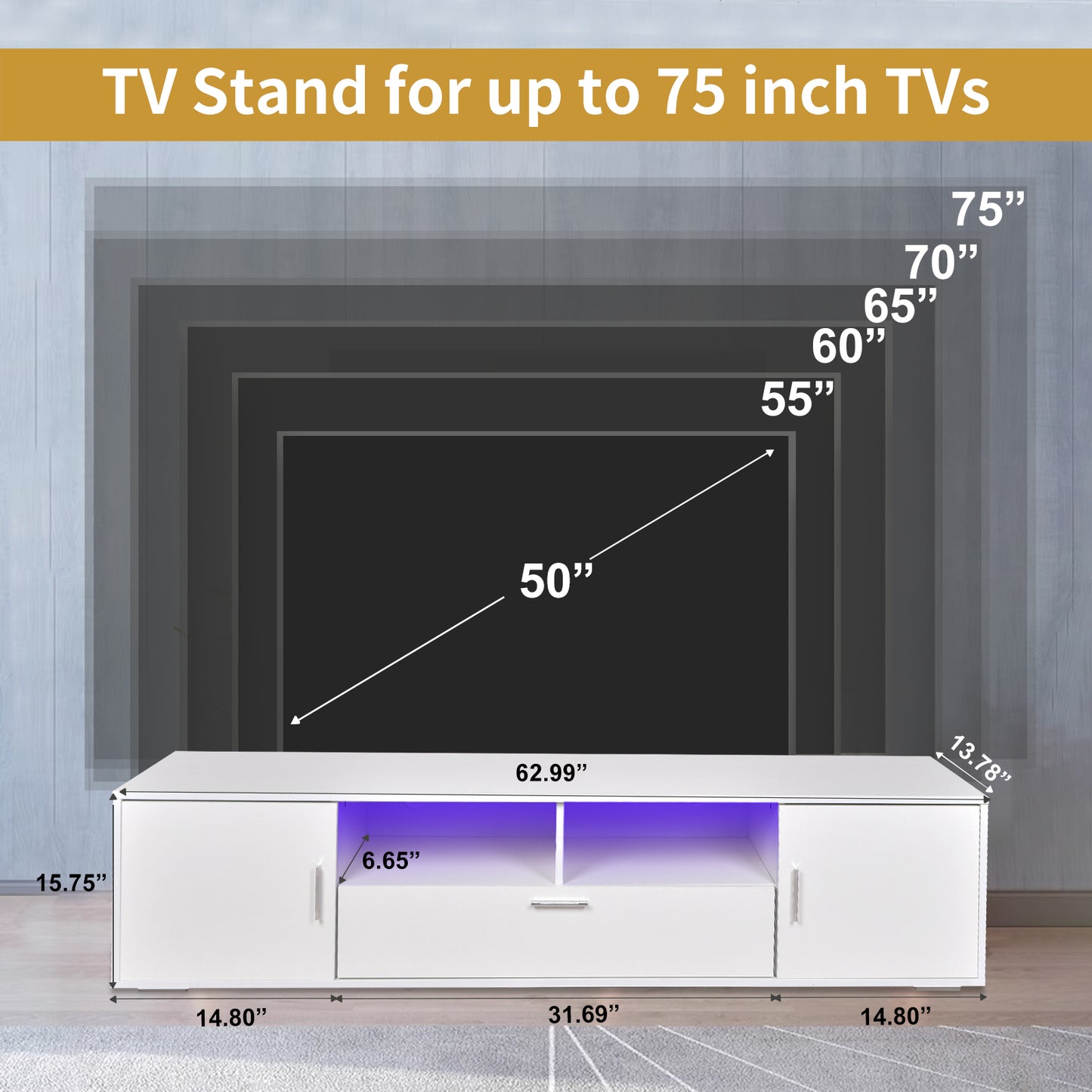 Modern TV stand with LED Lights Entertainment Center TV cabinet with Storage for Up to 75 inch