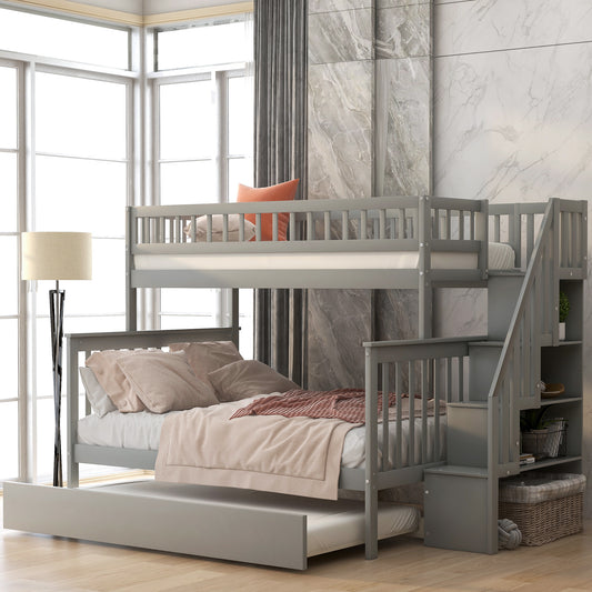 Twin over Full Bunk Bed with Trundle and Staircase, Gray Finish for Compact Spaces