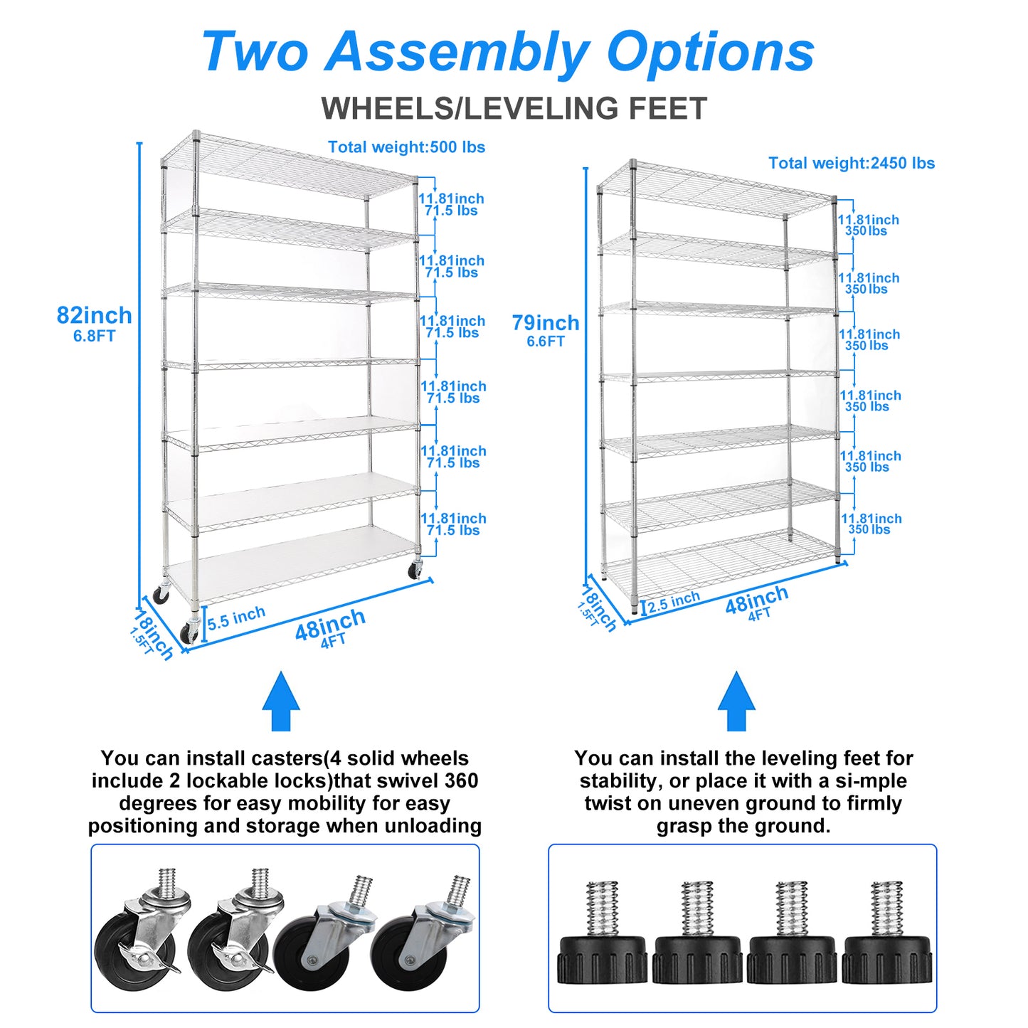 7 Tier Wire Shelving Unit 2450 LBS NSF Height Adjustable Metal Garage Storage Shelves with Wheels Chrome