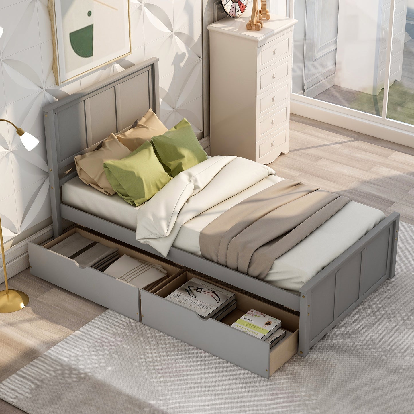 Platform Storage Bed  2 drawers with wheels, Twin Size Frame  Gray