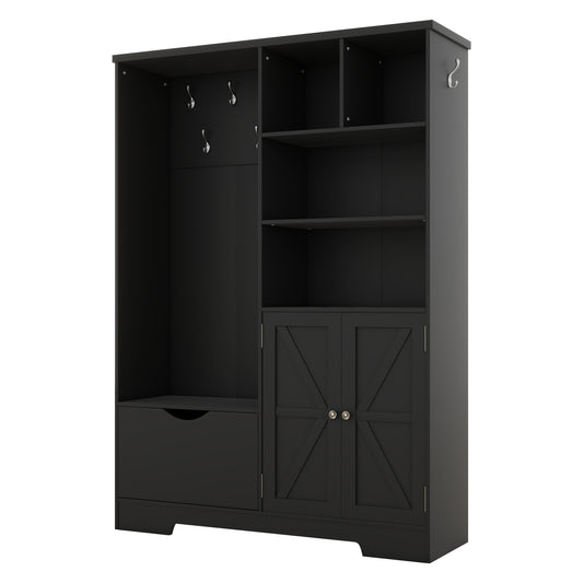 Multi-functional Hall Tree with Storage Shelves Drawers and Cabinet, Elegant Hallway Shoe Cabinet with Bench Modern Black