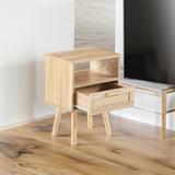 Rattan End table with drawer and solid wood legs Modern nightstand side table for living room natural