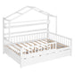 Wooden Full Size House Bed with Twin Size Trundle Kids Bed with Shelf White