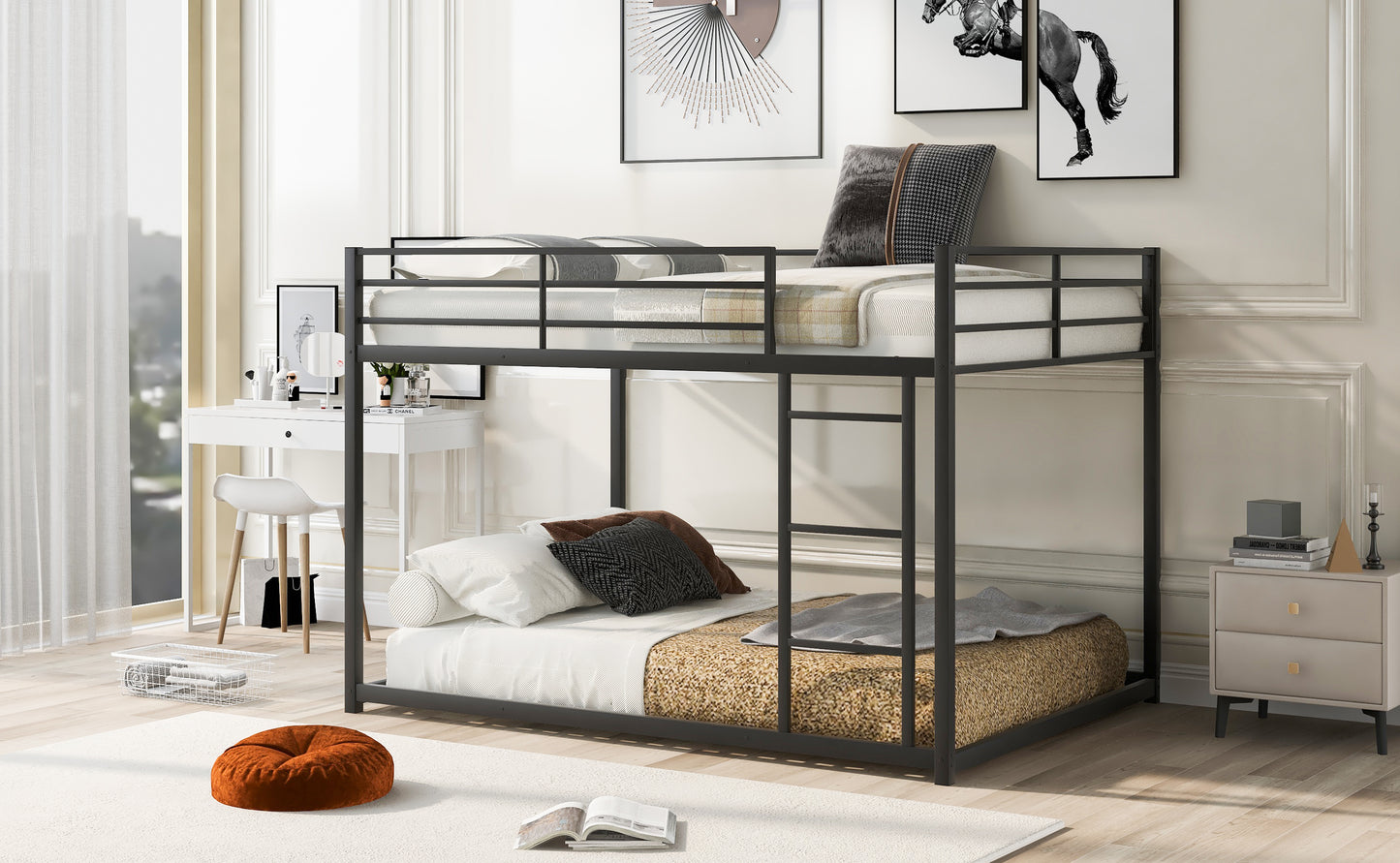 Full over Full Metal Bunk Bed Low Bunk Bed with Ladder Black