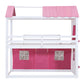 Twin Size Bunk Wood House Bed with Elegant Windows, Sills and Tent, Pink+White