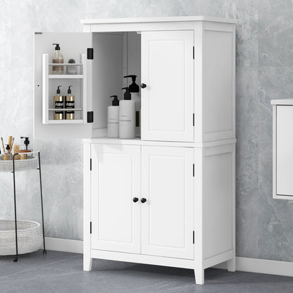 Bathroom floor storage cabinet, bathroom storage unit, 4-door independent cabinet, adjustable shelf, adaptive shelf, white