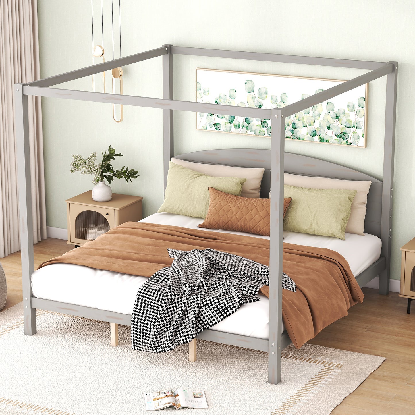 King Size Canopy Platform Bed with Headboard and Support Legs, Grey Wash