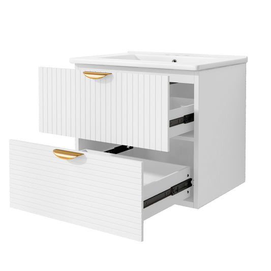 Modern 24-Inch Wall-Mounted Bathroom Vanity with 2 Drawers, White Finish for Small Bathrooms