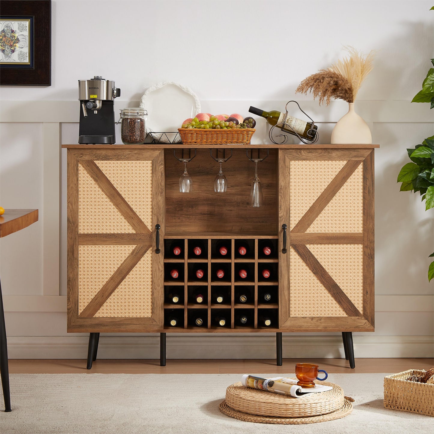 Oak Color Faux Rattan Barn Door Wine Cabinet with Wine Rack and Wine Glass Rack, Double Door Design with Removable Shelves