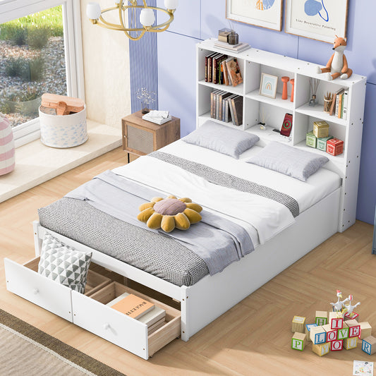 Full Size Platform Bed with Storage Headboard, Charging Station and 2 Drawers White