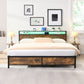 Industrial extra large bed frame with LED lights and 2 USB ports, extra large bed frame with storage space, rural brown color