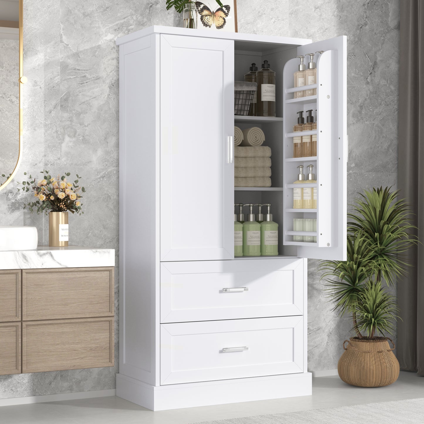 Tall Bathroom Storage Cabinet with Two Doors and Drawers, Adjustable Shelf, MDF Board, White Finish