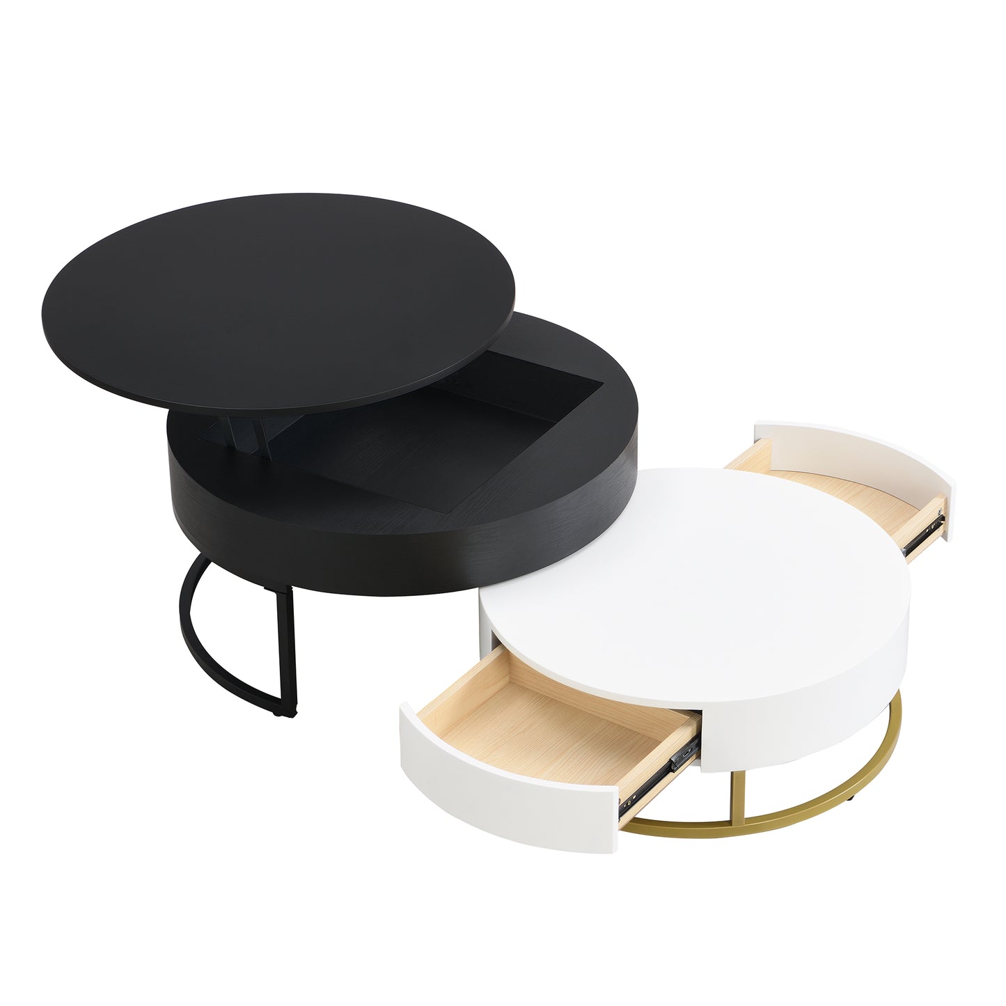 Modern Round Lift-Top Nesting Coffee Tables with 2 Drawers, White and Black Finish